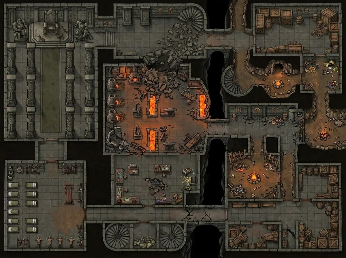 Battlemap d'une forge de donjon souterraine avec canaux de lave pour rencontres de dungeon crawl D&D