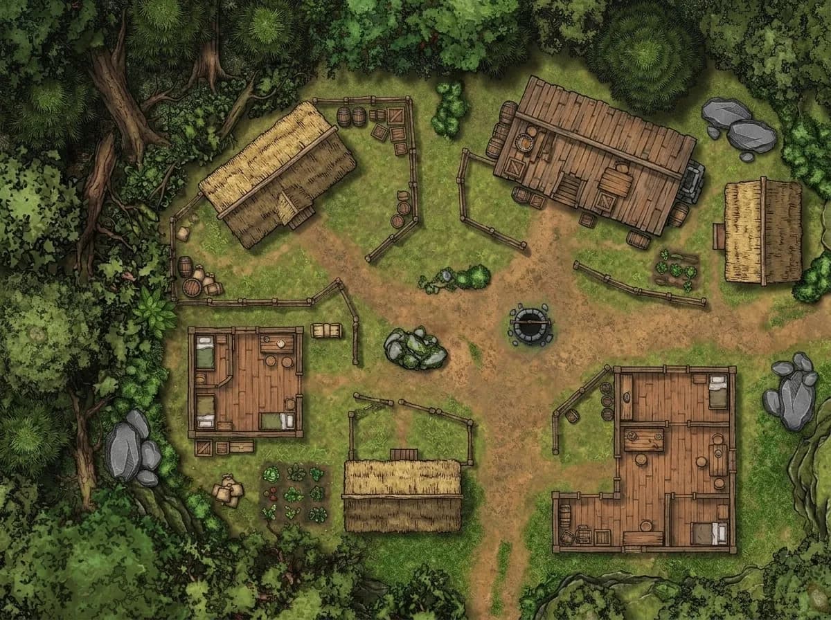 Battlemap de village forestier avec cabanes en bois et campement pour rencontres D&D en milieu sauvage