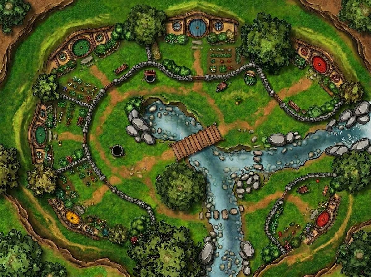 Battlemap d'un village de collines halfelin avec ruisseau et jardins pour rencontres de JDR fantasy