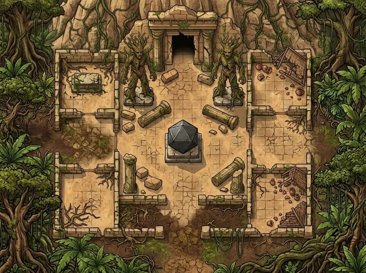 Battlemap générée par IA d'une ruine de temple dans la jungle avec statues de treant gardiennes pour rencontres D&D
