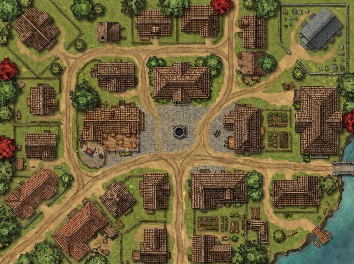 Battlemap d'une place de marché de village médiéval pour rencontres urbaines D&D et Pathfinder