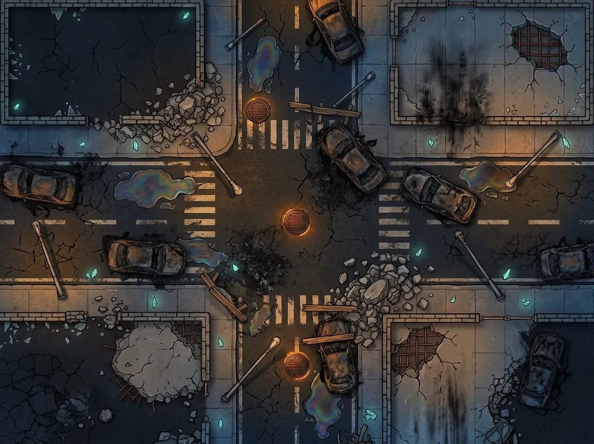 Battlemap d'un carrefour urbain post-apocalyptique avec voitures abandonnées pour rencontres de TTRPG modernes