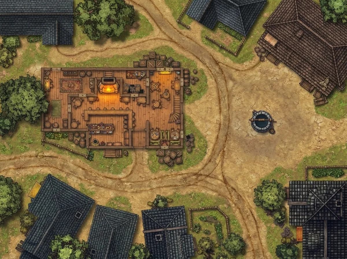 Battlemap d'un intérieur de taverne médiévale avec bâtiments de ville alentour pour combats de JDR sur table