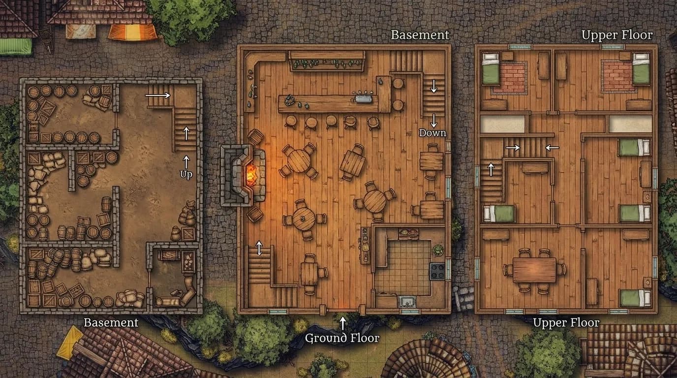 Battlemap de taverne à plusieurs étages avec disposition de cave et d'étage pour rencontres D&D