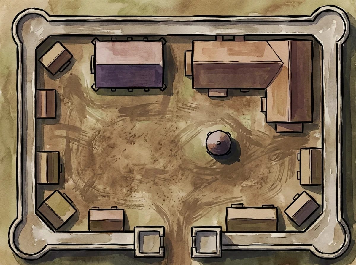 Carte de cour et basse-cour de château générée par IA, avec terrain d'entraînement, écuries et chapelle pour rencontres sociales D&D