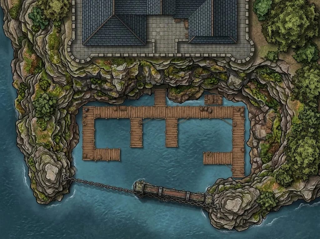 Carte de château côtier générée par IA sur falaises, avec défenses portuaires et phare pour campagnes JDR fantasy