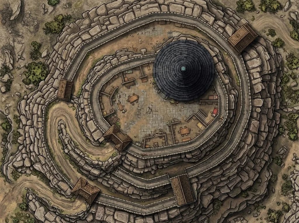 Carte de forteresse de montagne générée par IA, avec murs en terrasses et chemins en lacets pour rencontre de château JDR fantasy