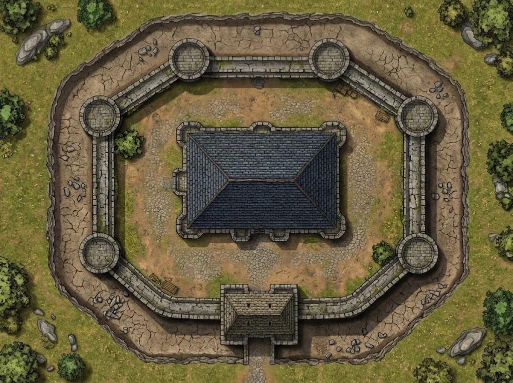 Carte de château de pierre médiéval générée par IA, avec murs concentriques, tours d'angle et donjon central pour rencontre de siège D&D