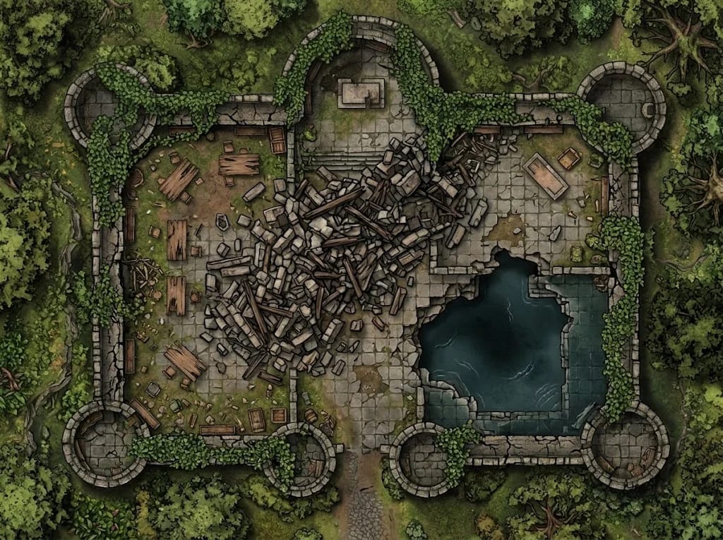 Carte de château en ruine générée par IA, avec murs qui s'effritent et donjon envahi pour exploration de donjon D&D