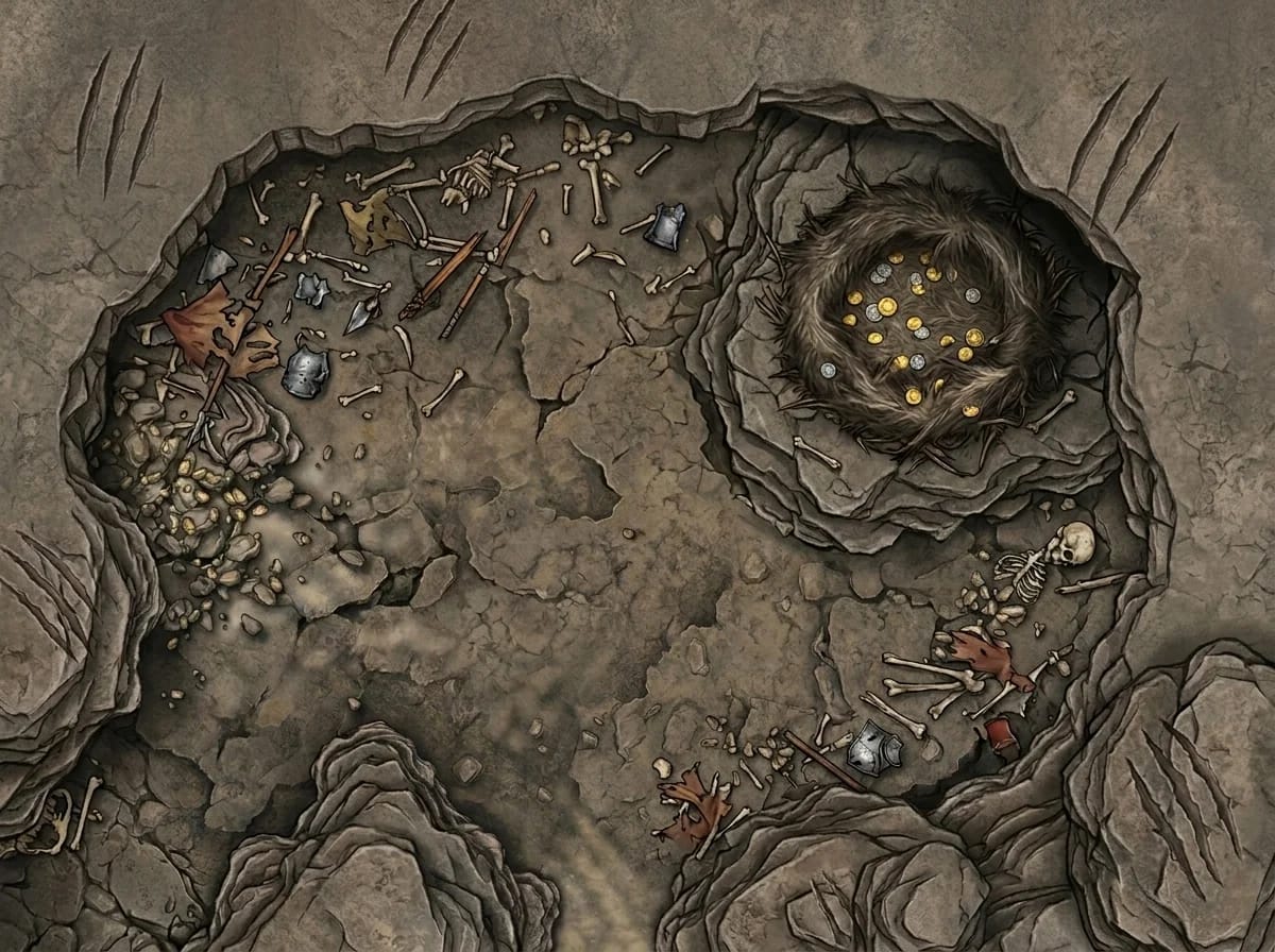 Carte de grotte de repaire de monstre avec ossements et trésor pour rencontres en grotte DnD