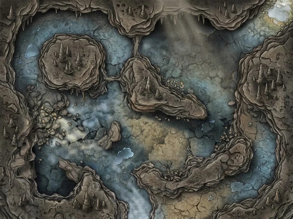 Carte d'un système de grottes naturel avec stalactites et tunnels pour rencontres D&D