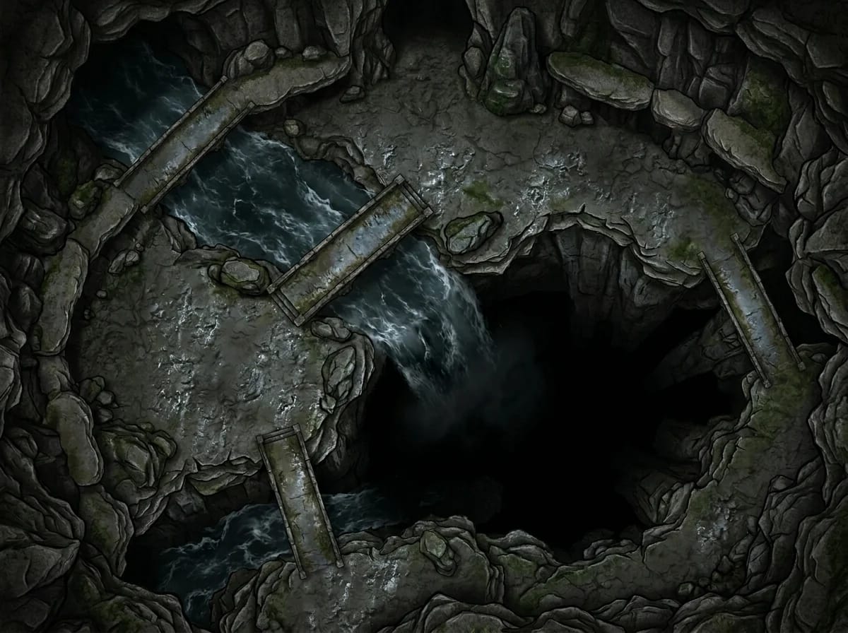 Carte de grotte à rivière souterraine avec cascade pour rencontres d'aventure D&D