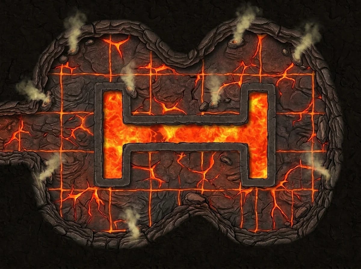 Carte de grotte de lave avec bassins de magma pour rencontres de donjon volcanique D&D