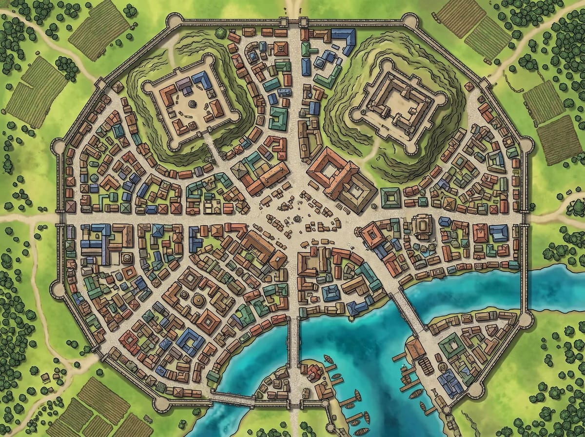 Carte de ville médiévale fortifiée avec château et quartier marchand pour campagnes D&D