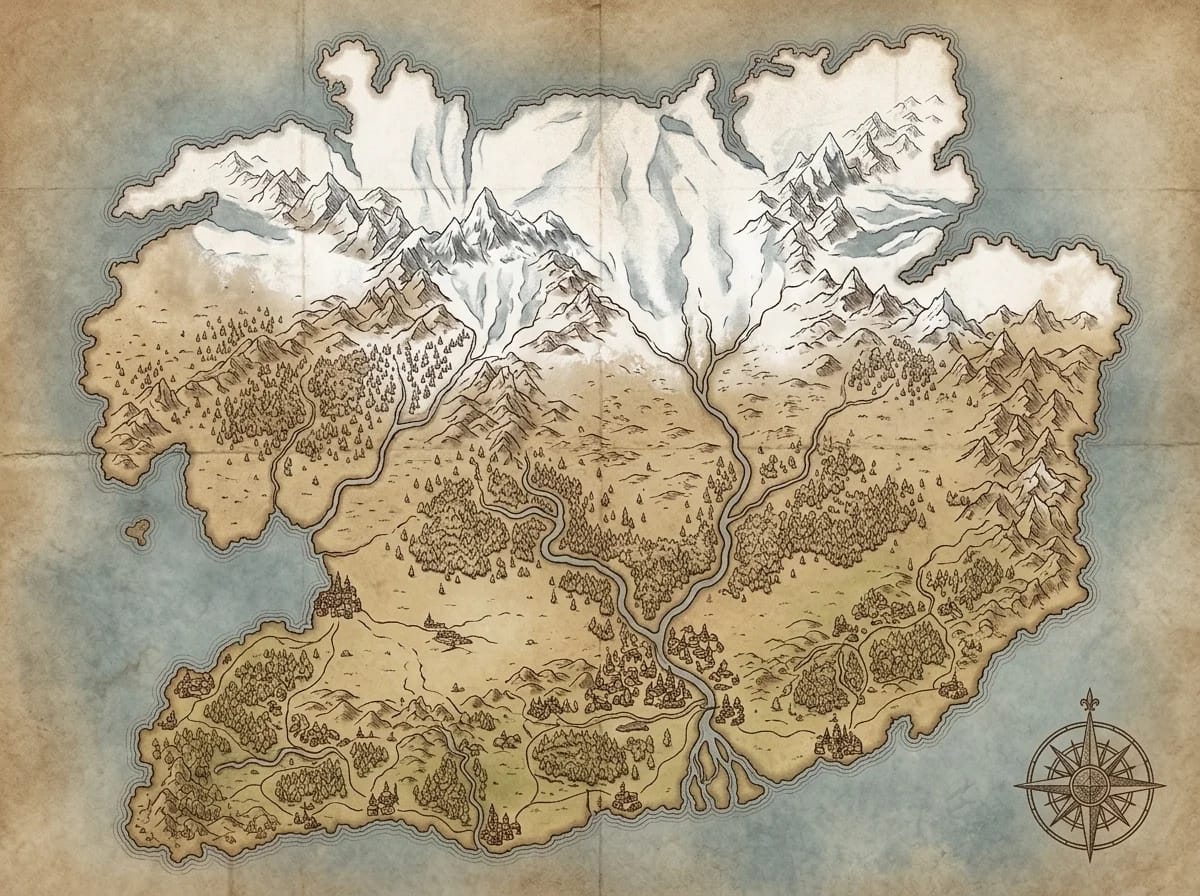 Carte de continent glaciaire avec glaciers et toundra gelée pour campagnes fantasy