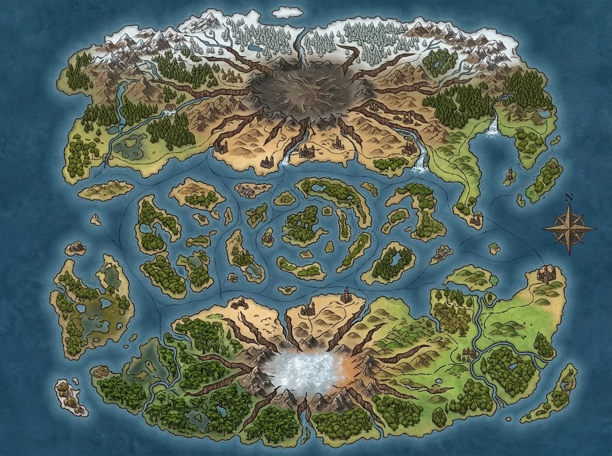 Carte d'un continent fracturé aux îles fragmentées et aux ruines continentales