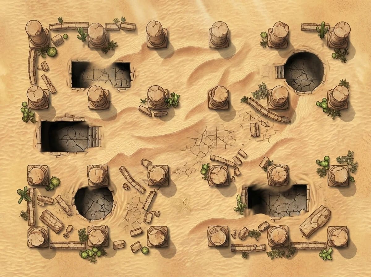 Carte de ruines désertiques anciennes avec entrée de temple ensevelie pour exploration D&D