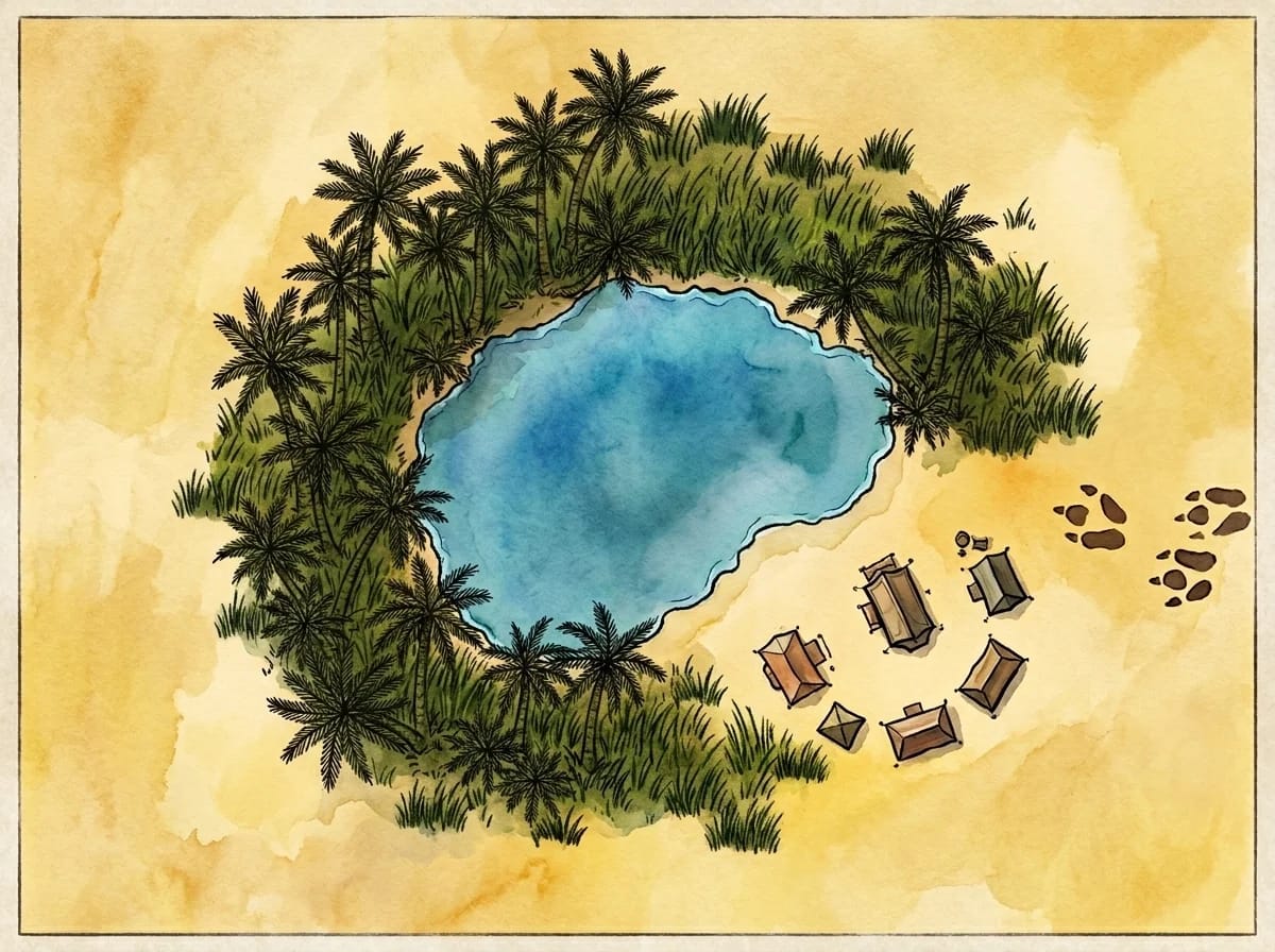 Carte de campement d'oasis du désert avec palmiers et source d'eau pour rencontres DnD