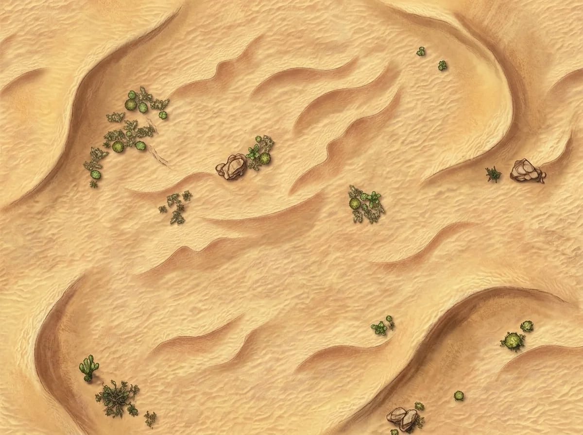 Carte de champ de bataille de dunes de sable au terrain mouvant pour combats désertiques D&D