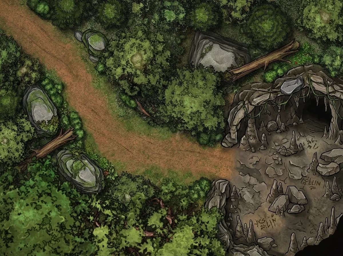 Battlemap D&D d'une entrée de grotte le long d'un sentier forestier