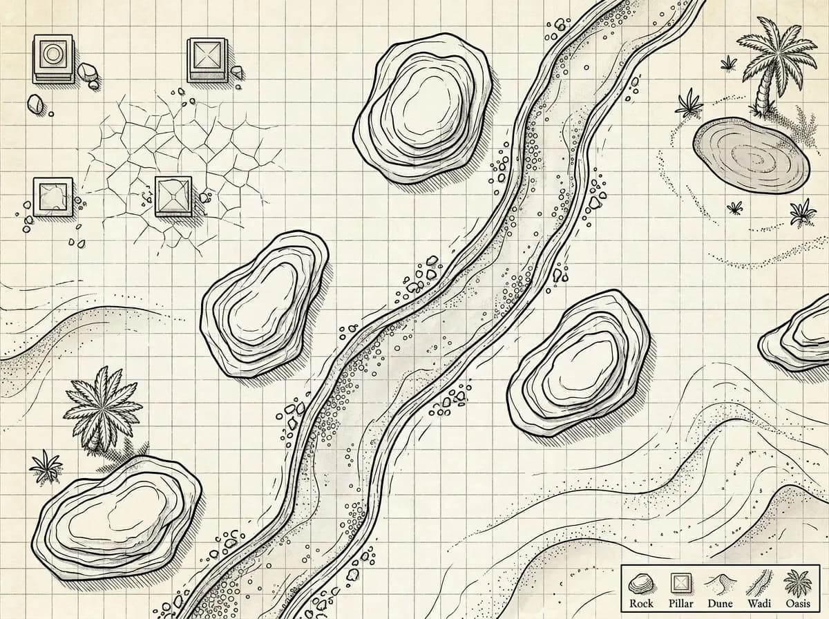 Battlemap DnD d'une ruine désertique en style line-art dessiné à la main