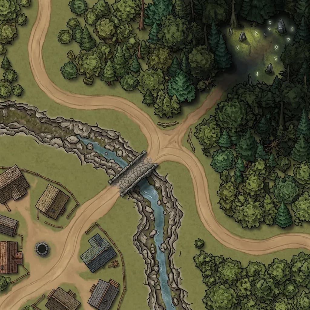 Battlemap D&D d'un pont forestier et d'une traversée de rivière