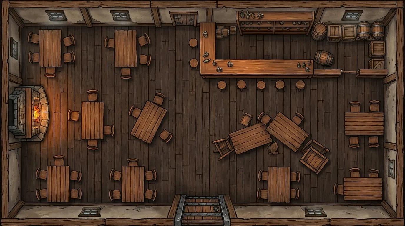 Battlemap D&D d'un intérieur de taverne avec comptoir et cheminée