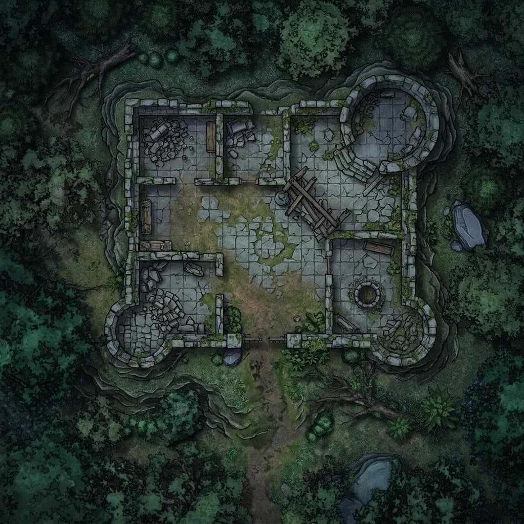 Carte de donjon DnD d'une ruine forestière envahie pour rencontres d'exploration