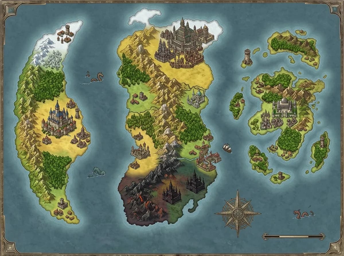 Carte du monde D&D avec royaumes et continents fantasy pour univers de campagne