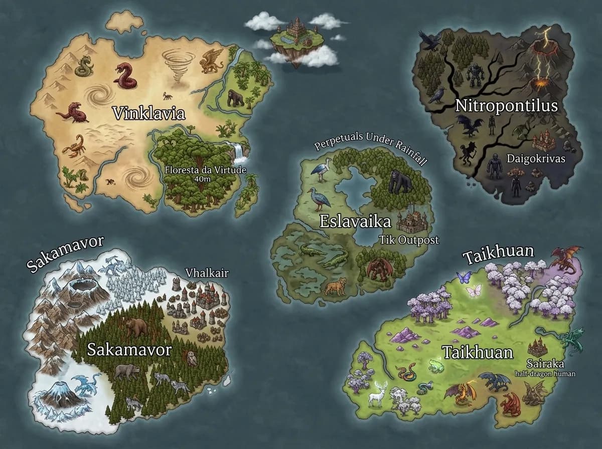 Carte du monde DnD avec régions insulaires et créatures nommées