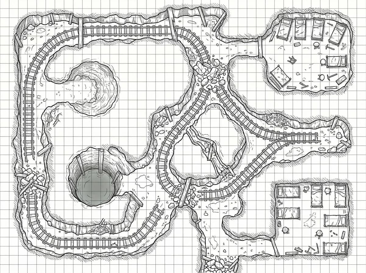 Carte de donjon d'une mine abandonnée en style line-art classique façon plan technique