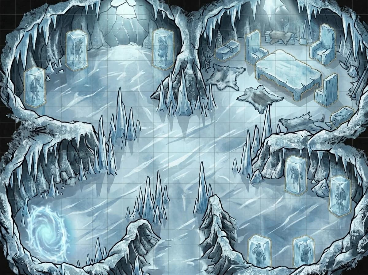 Carte de donjon d'une caverne de glace gelée avec campement de géant du givre en style aquarelle