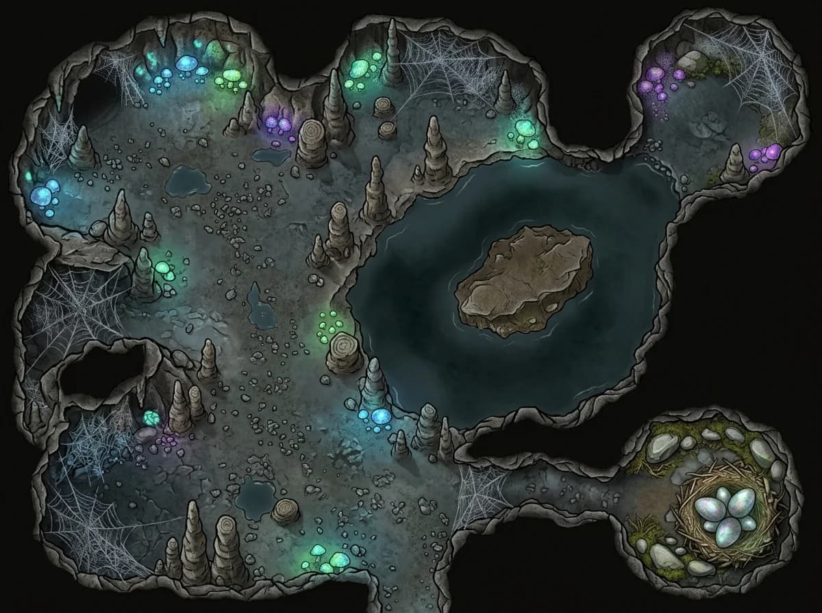 Carte de donjon d'une grotte naturelle avec lac souterrain et champignons bioluminescents