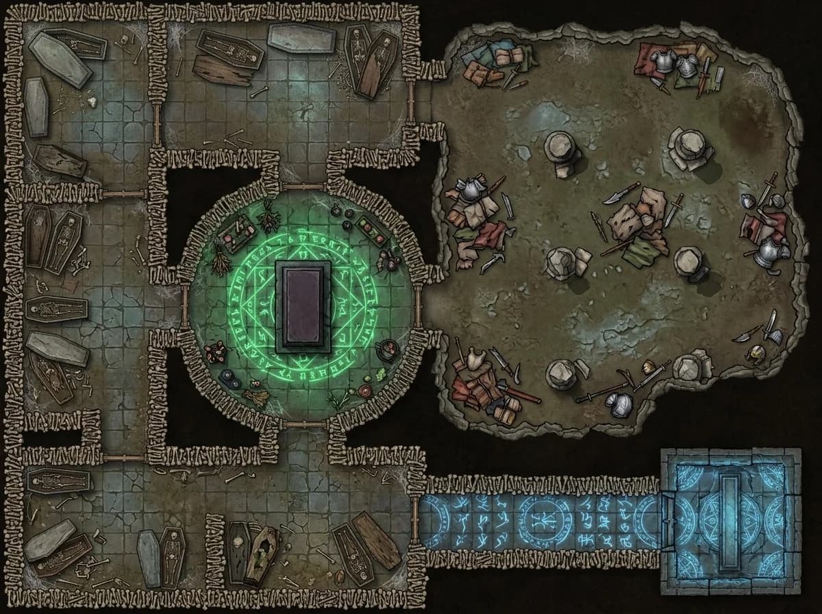 Carte de donjon de catacombes de morts-vivants avec salle rituelle d'un nécromancien