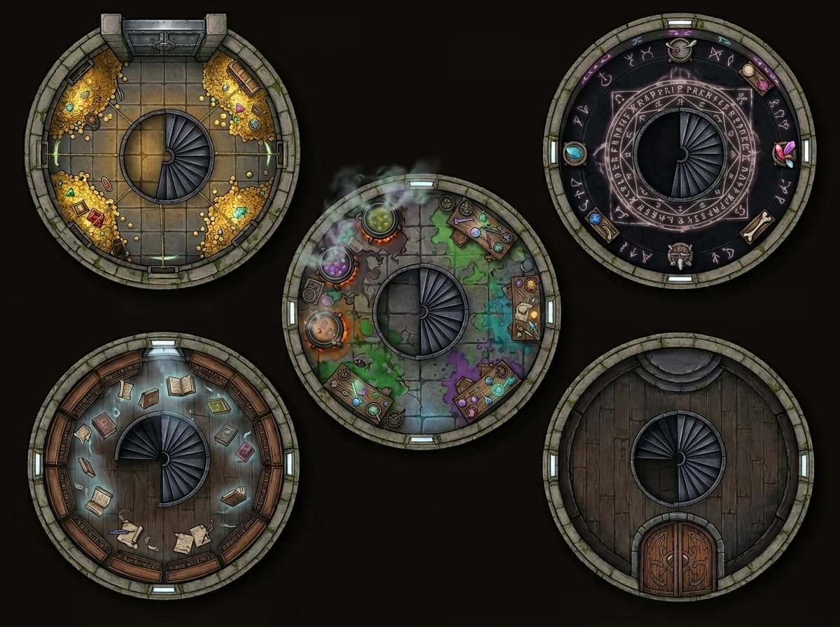 Carte de donjon de tour de mage avec laboratoire d'alchimie et cercle d'invocation