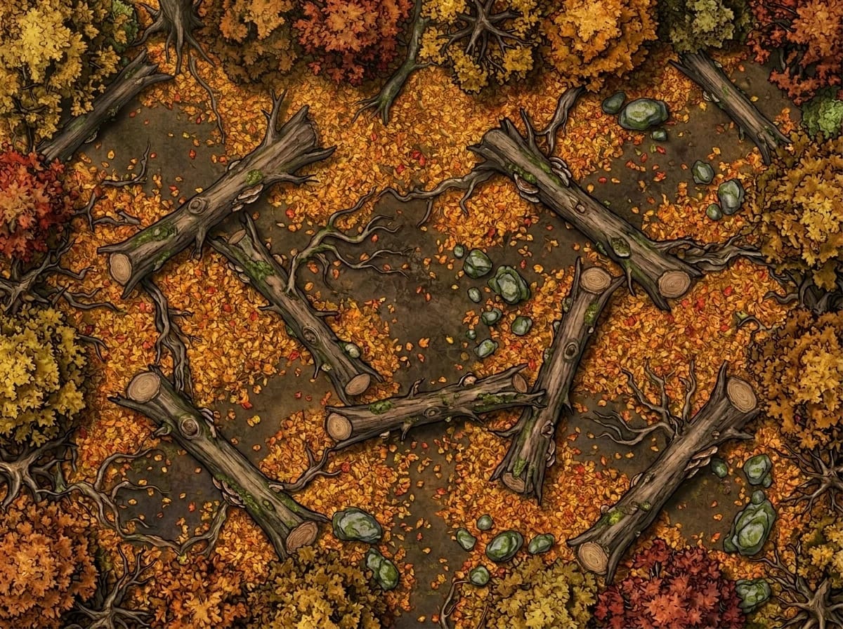 Carte de champ de bataille forestier d'automne pour rencontres de combat en forêt D&D de grande ampleur