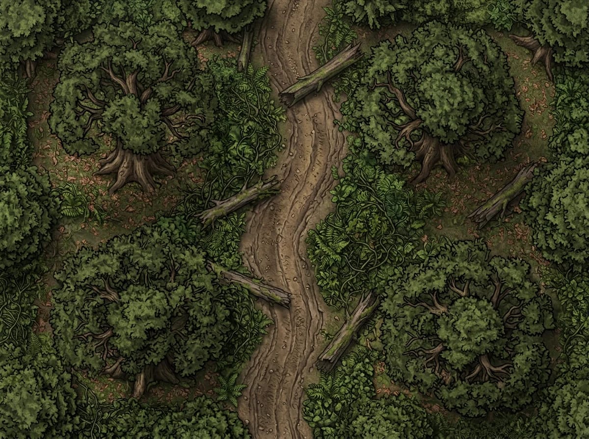 Battlemap de sentier forestier dense pour rencontres d'embuscade en forêt D&D