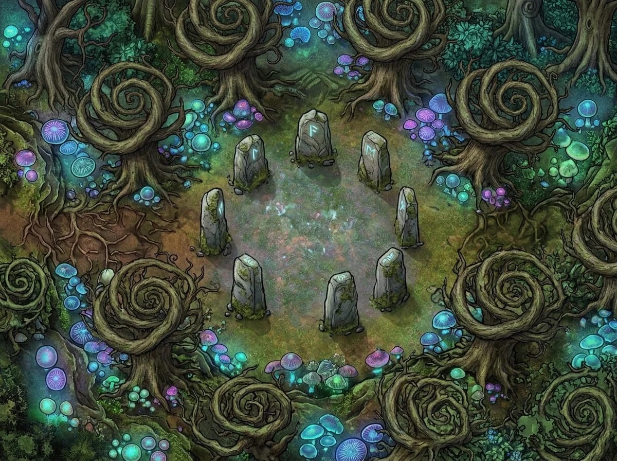 Carte de bosquet enchanté avec champignons luminescents pour rencontres féeriques JDR fantasy
