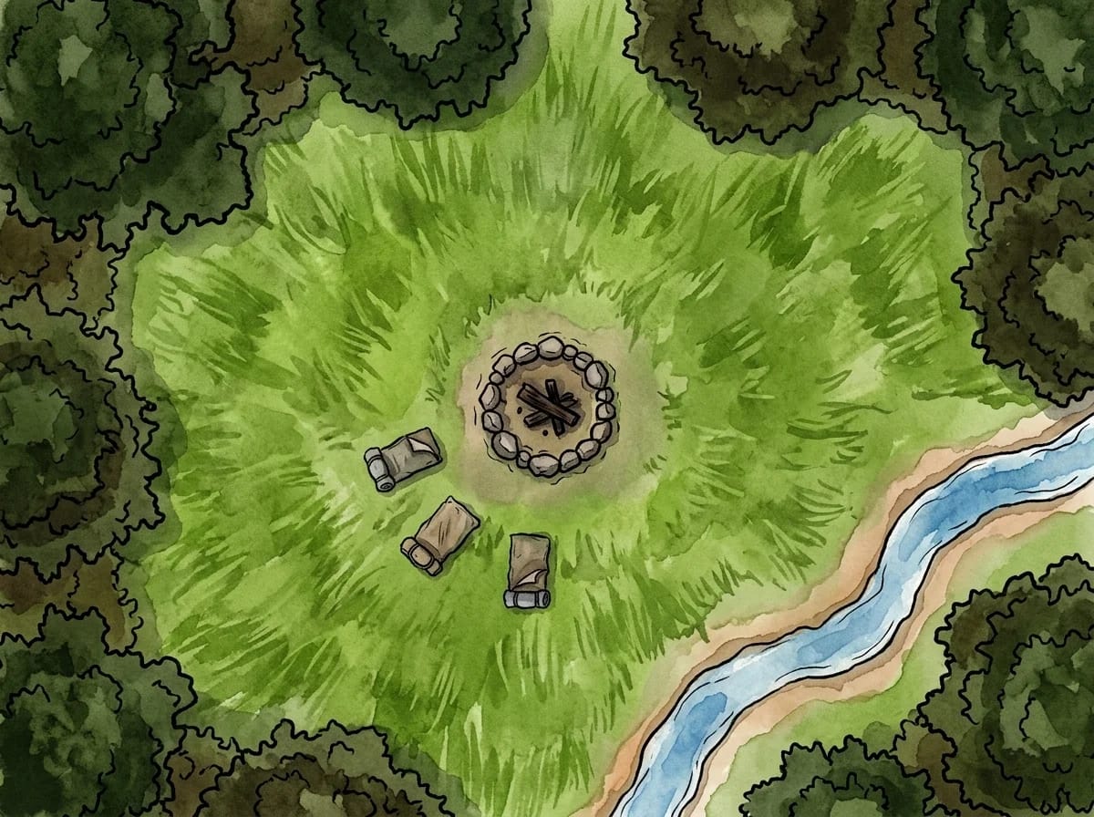 Battlemap de clairière et d'emplacement de camp pour rencontres de halte en nature sauvage D&D