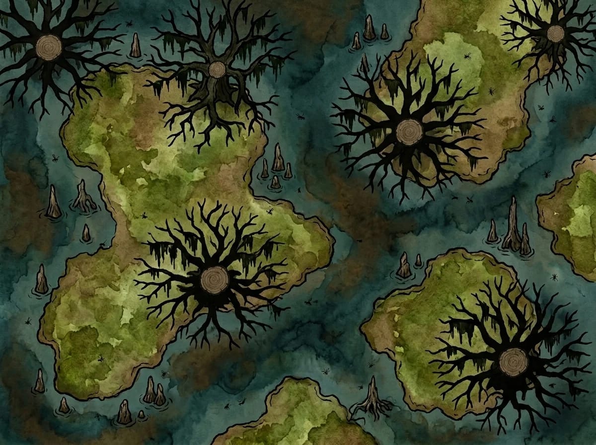 Carte de forêt marécageuse et bayou avec marais et arbres morts pour rencontres en zone humide D&D
