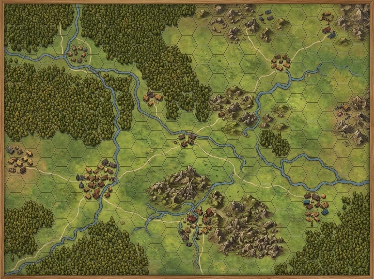 Carte d'overworld hexcrawl classique avec terrain varié pour exploration JDR