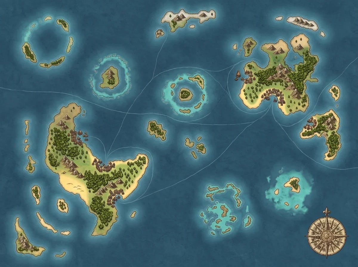 Carte d'océan et archipel à hexagones avec chaînes d'îles et routes maritimes