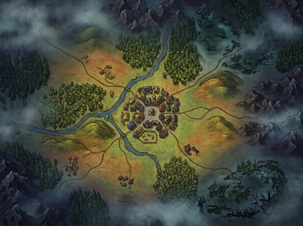 Carte hexagonale de nature avec zones de rencontre pour campagnes de JDR bac à sable