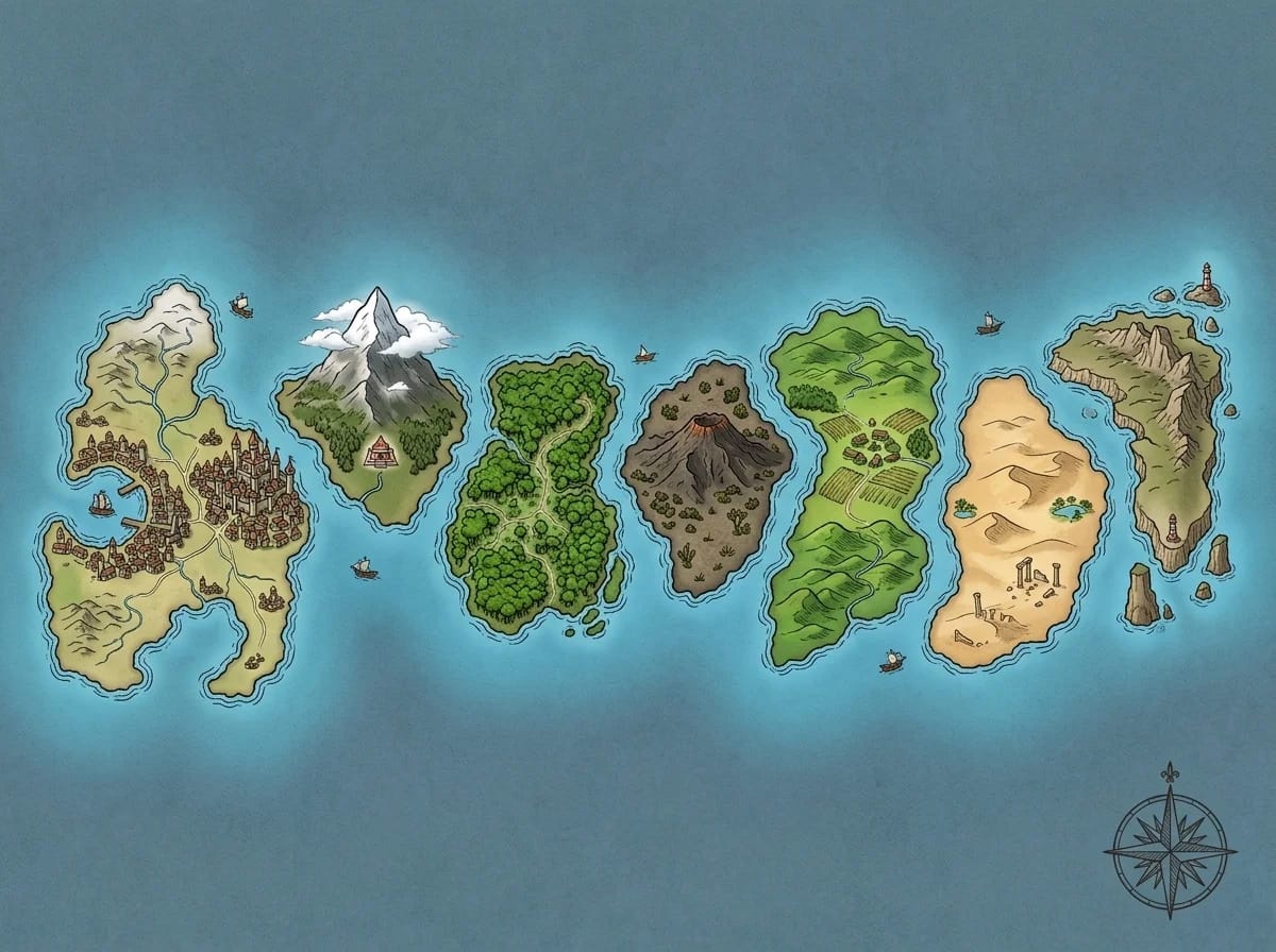 Chaîne de cartes d'archipel avec plusieurs îles reliées pour exploration JDR