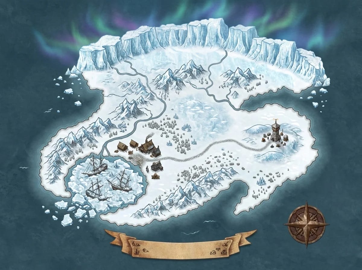 Carte d'île arctique gelée avec glaciers et grottes de glace pour aventures D&D