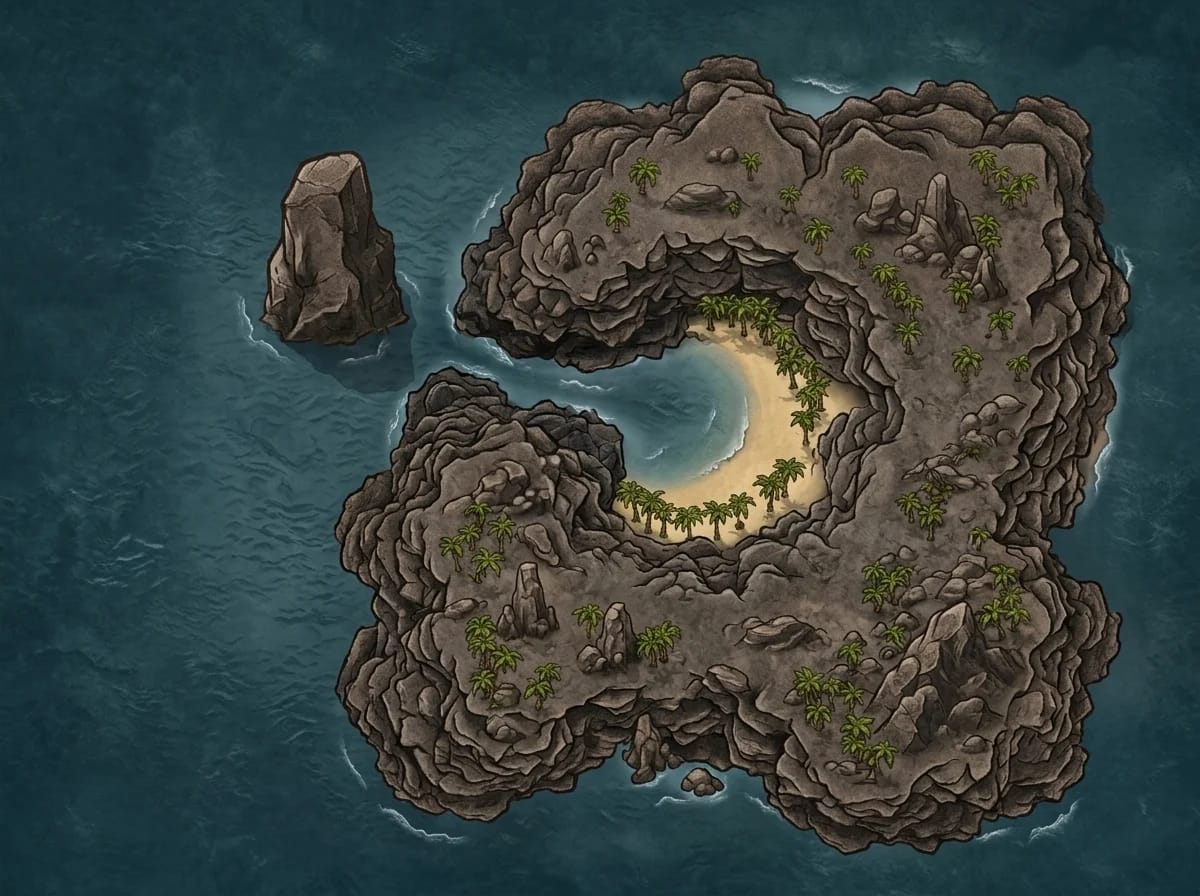 Carte d'île de pirates avec crique cachée et grotte au trésor pour campagnes maritimes D&D