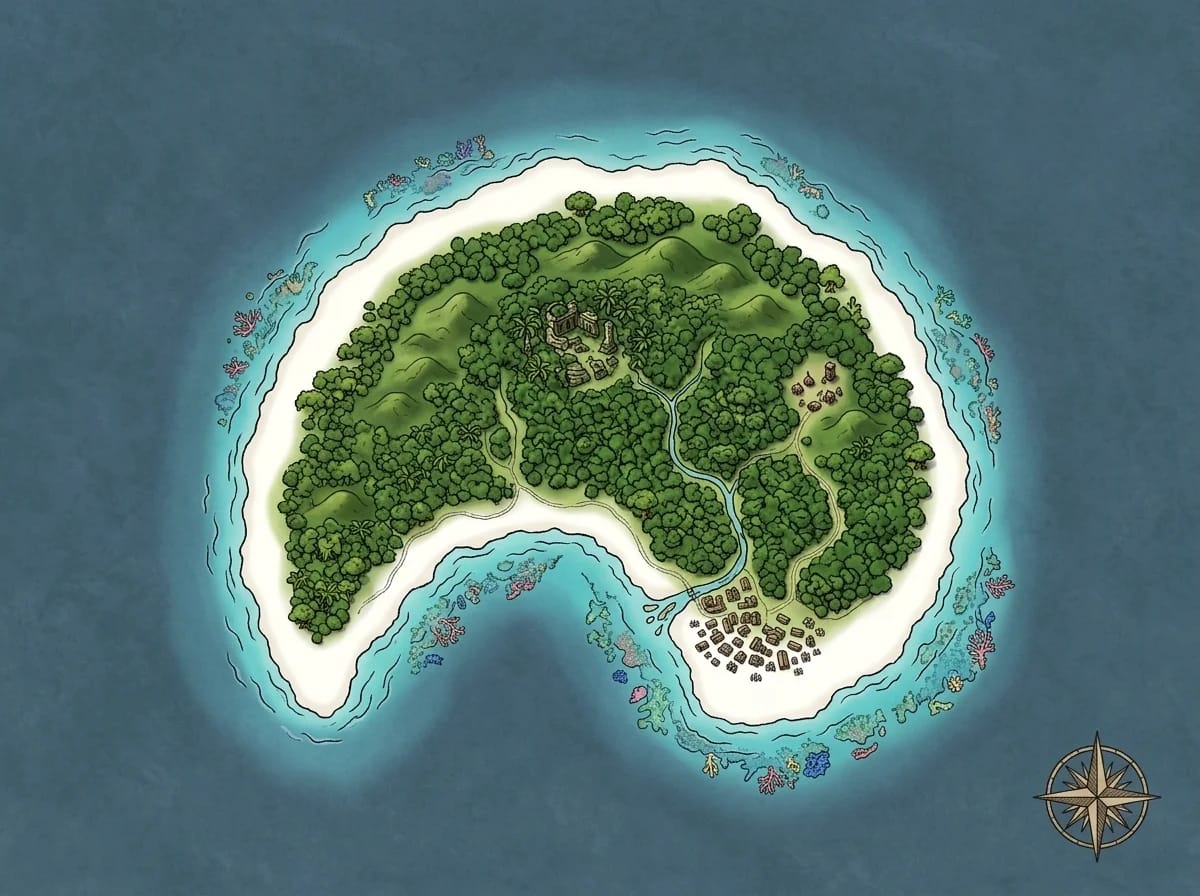 Carte d'une île paradisiaque tropicale avec plages blanches et jungle à l'intérieur de l'île