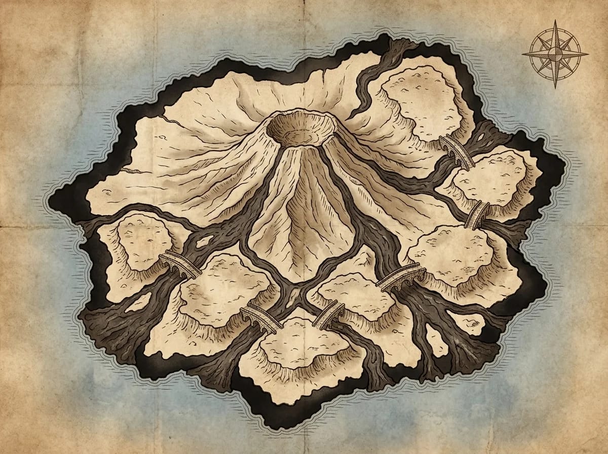 Carte d'île volcanique avec coulées de lave et plages d'obsidienne pour campagnes JDR