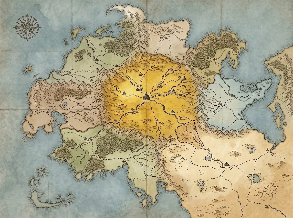 Carte d'empire fantasy générée par IA avec royaumes vassaux et routes commerciales impériales