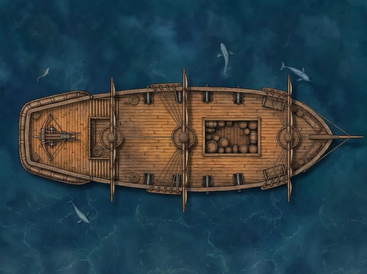 Plan de pont d'un galion de guerre avec canons et cale pour combats navals D&D